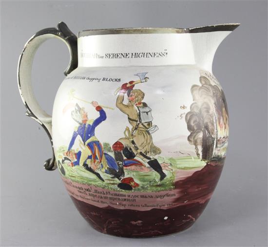 A large Staffordshire Europe Preserved pearlware jug, possibly made for the Russian market, c.1812 30cm, faults